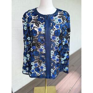Bagatelle Blue Cut Out Lacy Black Floral Large Jacket Faux Leather Trim Zip
